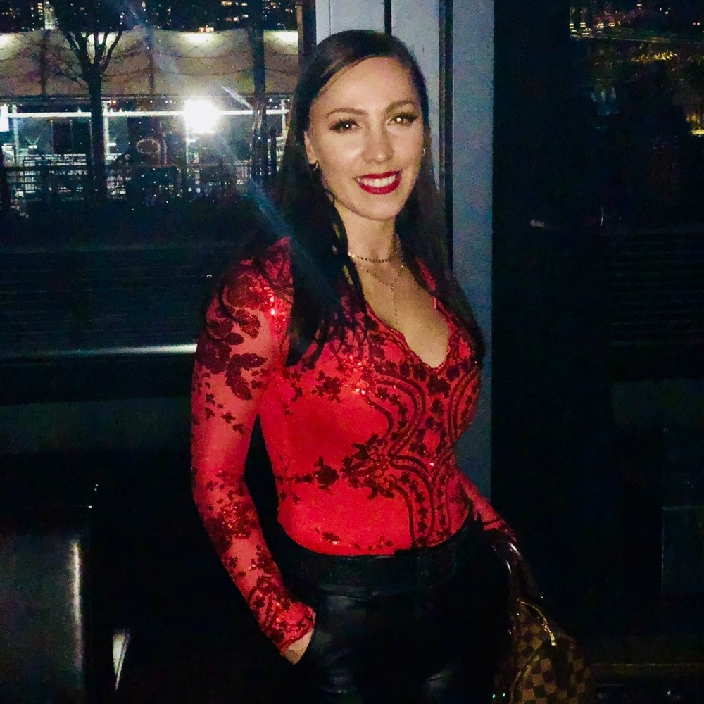 Hot Miami Styles Red Sequins Long Sleeves Bodysuit
